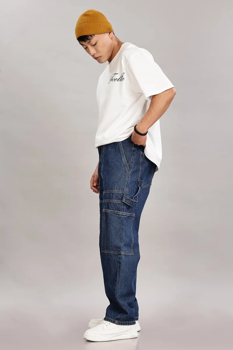 inkd Dark Knight Men's Carpenter Baggy Jeans Mid-Rise | 100% Cotton | Contrast Stitch| 6 Pocket Styling | Baggy Jeans for Man | Loose fit & Comfortable for Men | Best Price UAE